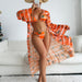 Color-Orange-Swimsuit Women Split Three Piece Suit Printing Mesh Red Long Sleeve Sunken Stripe Bikini Swimsuit-Fancey Boutique