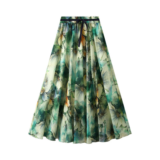 Summer Korean Floral Print Skirt Large Swing A line Wild High Waist Long Skirt for Women-Green-Fancey Boutique