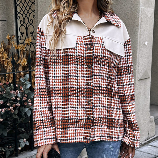 Color-Orange-Leather Stitching Plaid Long Sleeved Plaid Top Loose Casual Shirt Single Breasted Jacket Coat for Women-Fancey Boutique