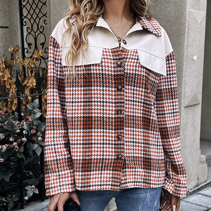 Color-Orange-Leather Stitching Plaid Long Sleeved Plaid Top Loose Casual Shirt Single Breasted Jacket Coat for Women-Fancey Boutique