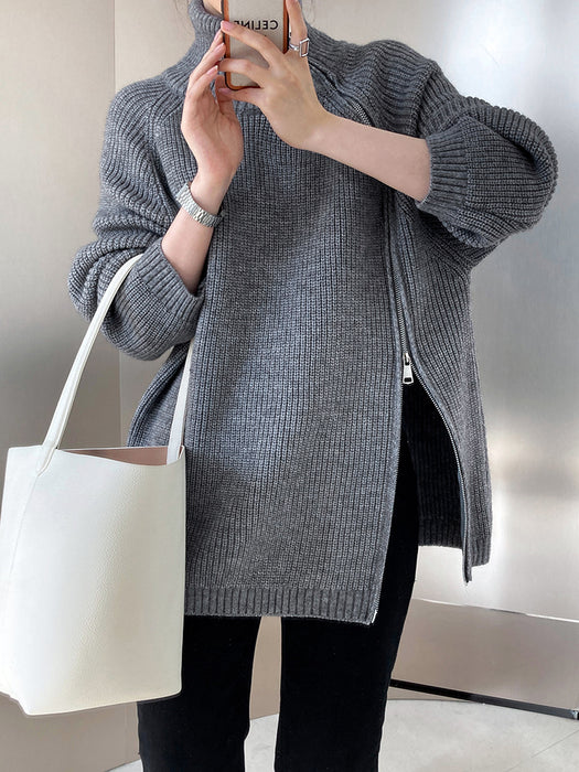 Color-Gray-Design Double Headed Oblique Zipper Turtleneck Sweaters Women Clothing Autumn Winter Lazy Casual Sweater-Fancey Boutique