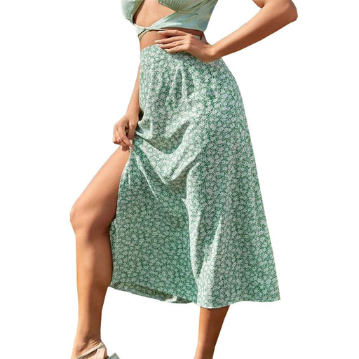 Color-Green-Summer Floral Skirt Split A- line Sheath Mid-Waist Skirt-Fancey Boutique