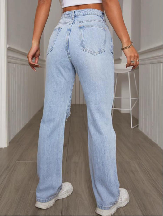 Spring Summer Holes Waist Slimming Denim Micro Pull Straight All Match Denim Trousers Women-Fancey Boutique