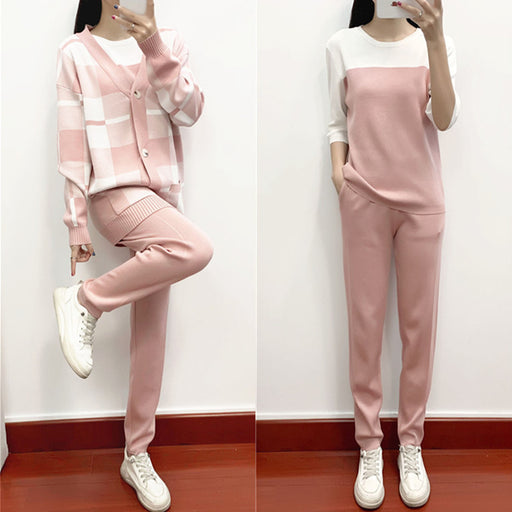 Autumn Winter Three Piece Suit Women Western Youthful Looking Casual Fashionable Knitted Coat Sweater Three Piece Set-Pink-Fancey Boutique