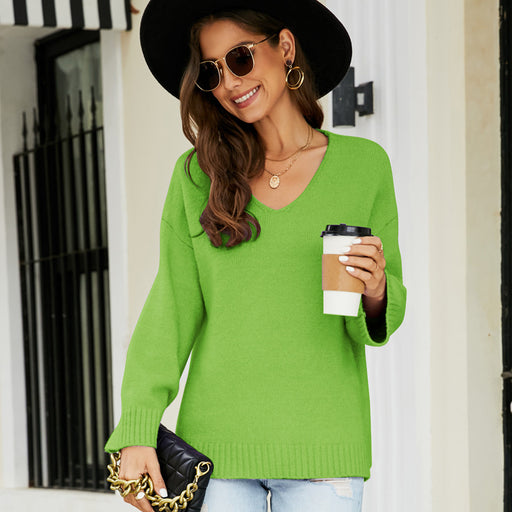 Color-Green-Women Clothing Long Sleeve V Neck Sweater Casual Loose Fitting Women Sweater-Fancey Boutique