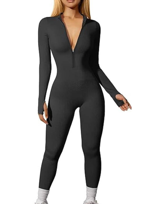 Color-Black-Women Sports Jumpsuit Workout Ribbed Long Sleeve Zipper Casual Jumpsuit Trousers Tight-Fancey Boutique