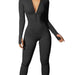 Color-Black-Women Sports Jumpsuit Workout Ribbed Long Sleeve Zipper Casual Jumpsuit Trousers Tight-Fancey Boutique