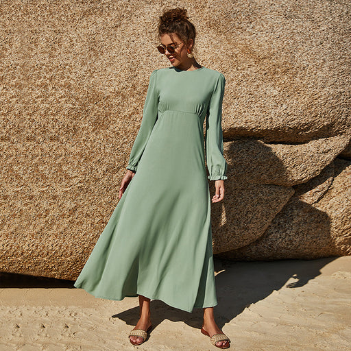 Color-Mint-Spring Summer Waist Chiffon Women round Neck Solid Color Stretchy Sleeves Large Swing Dress Long Sleeve Loose Casual Lady Dress-Fancey Boutique