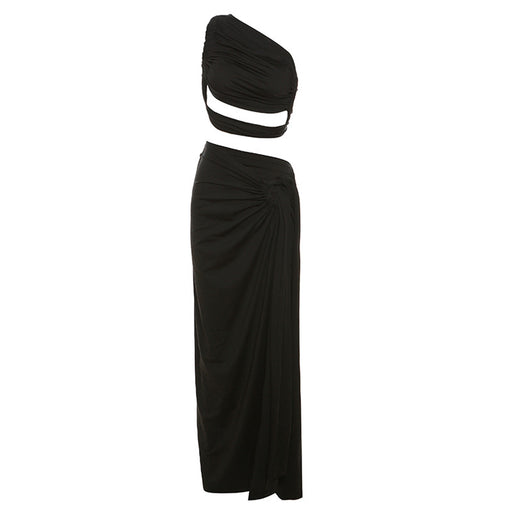 Color-Black-Autumn Winter Women Clothing Sexy Oblique Shoulder Backless Vest Slim Fit Slit Skirt Set Women-Fancey Boutique