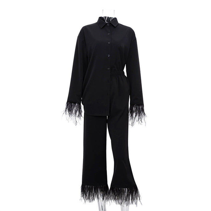 Spring Summer Special-Interest Design Long Sleeve Feather Shirt Casual Cropped Pants Suit-Black-Fancey Boutique