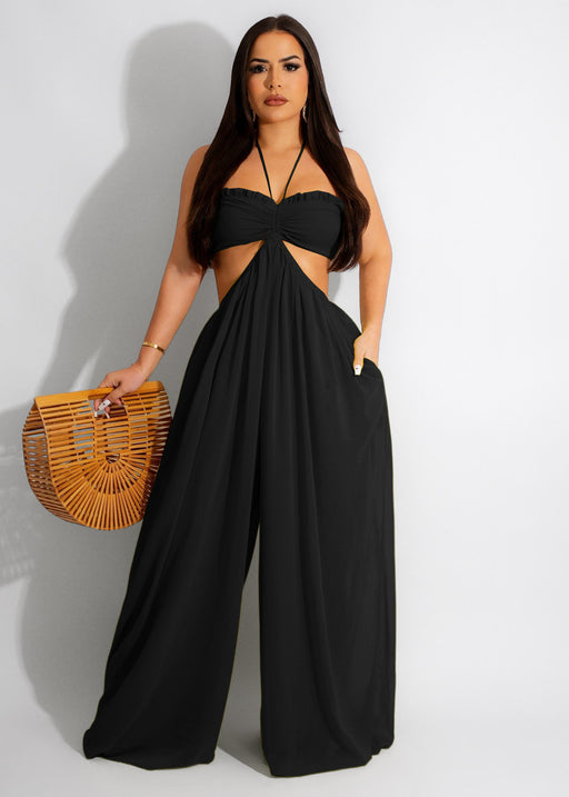 Color-Black-Source Sexy Chiffon Chest Wrapped Bare Back Wide Leg Jumpsuit Women Clothing-Fancey Boutique