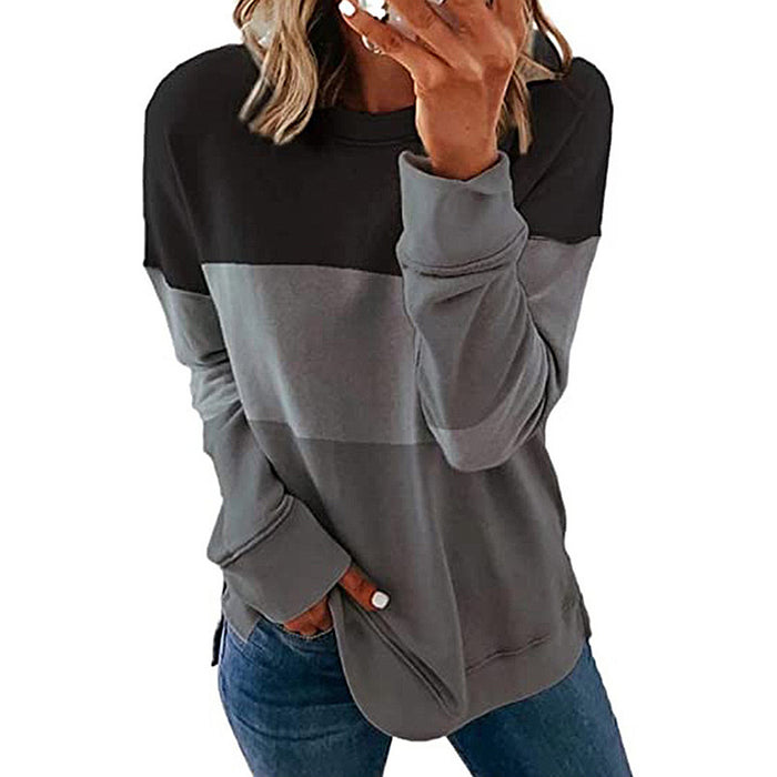 Color-Black and Dark Gray-Autumn Winter Women Clothing Printing Color Contrast Patchwork Round Neck Long Sleeve Sweater-Fancey Boutique