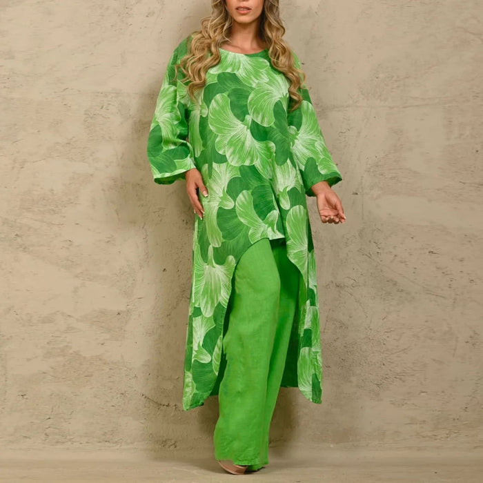 Women Clothing Casual Loose Print Irregular Asymmetric Top Suit Summer-Green-Fancey Boutique