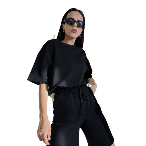 Color-Black-Spring Summer Solid Color round Neck Short Sleeves Women Two Piece Suit All Matching Loose Outfit-Fancey Boutique