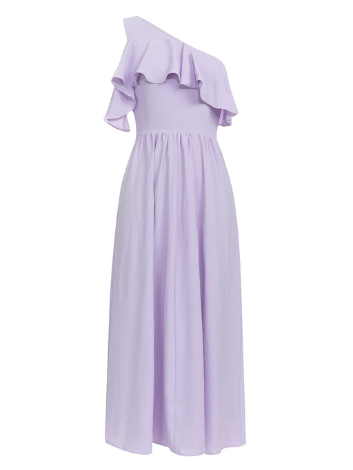 Dress Summer Sexy Oblique Shoulder Ruffles Irregular Asymmetric Pleated Side Slit Slim Fit Dress Women-Lavender Purple-Fancey Boutique
