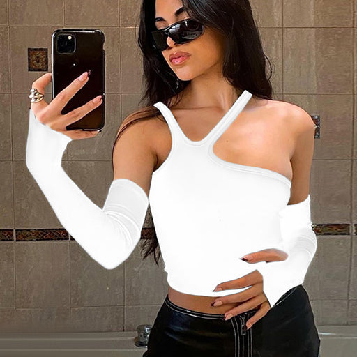 Color-White-Fall Women Clothing Cropped Strapless Irregular Asymmetric Split Oversleeves Slim Fit Sexy T shirt Women-Fancey Boutique