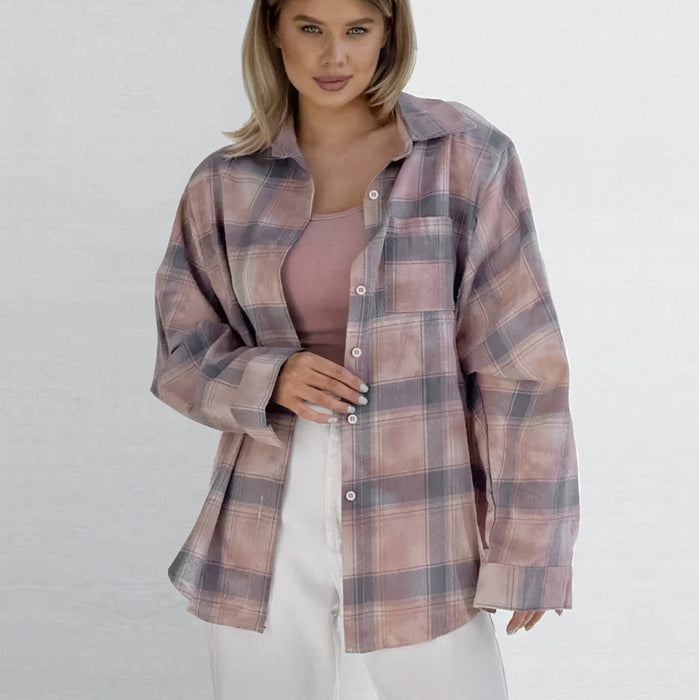 Classic Retro Loose Long Sleeve Cotton Plaid Shirt Autumn All Matching Minimalist Shirt Women Clothing-Multi-Fancey Boutique