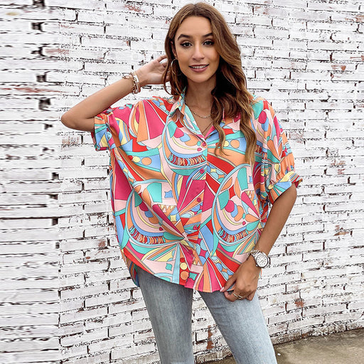 Printed Shirt Women Spring Summer Loose Casual Mid Length Blouse-Fancey Boutique