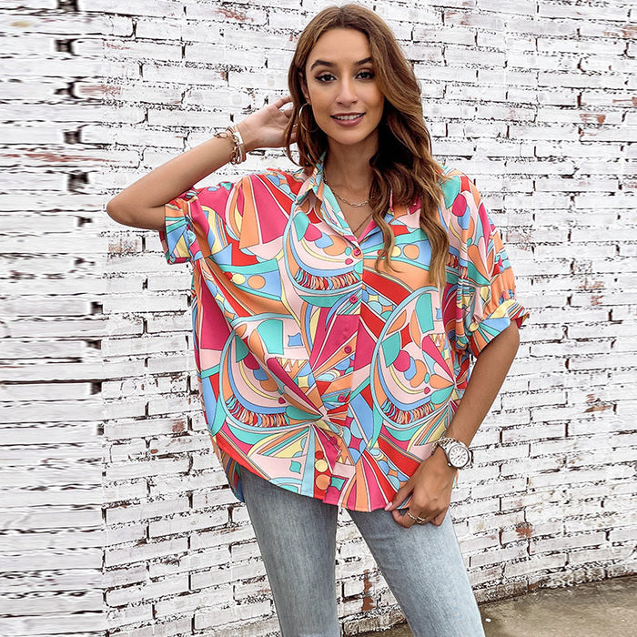 Printed Shirt Women Spring Summer Loose Casual Mid Length Blouse-Fancey Boutique