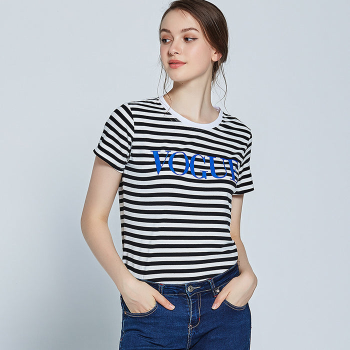 Spring Summer Printed Striped Cotton Short Sleeved T Shirt Women Soft Loose Top Vogue-Fancey Boutique