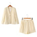 Color-Ivory-Women Clothing Simple Casual Long Sleeve Light Velvet Core Shorts Set-Fancey Boutique