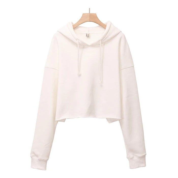 Color-White-Sports Loose Cropped Hoodie Women Autumn Winter Fleece-lined Solid Color Minimalist Long Sleeve Top-Fancey Boutique