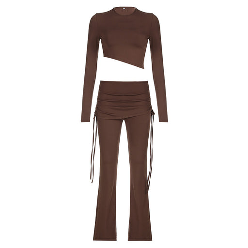 Color-Brown-Basic Bevel Irregular Asymmetric Bottoming Top Drawstring Flared Culottes Casual Suit-Fancey Boutique