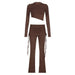 Color-Brown-Basic Bevel Irregular Asymmetric Bottoming Top Drawstring Flared Culottes Casual Suit-Fancey Boutique