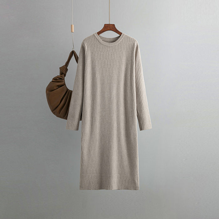 Color-Khaki-Women Long Sleeved Knitted Dress Autumn Winter Round Neck Loose Mid Length Sweater Match with Coat Bottoming-Fancey Boutique