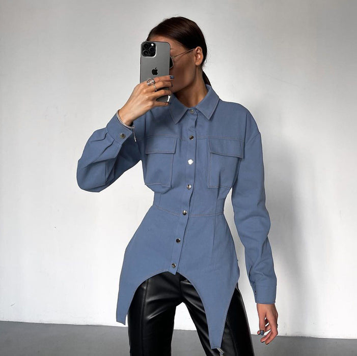 Autumn Shirt Women Design Irregular Asymmetric Collared Long Sleeves Outer Match Shirt-Fancey Boutique