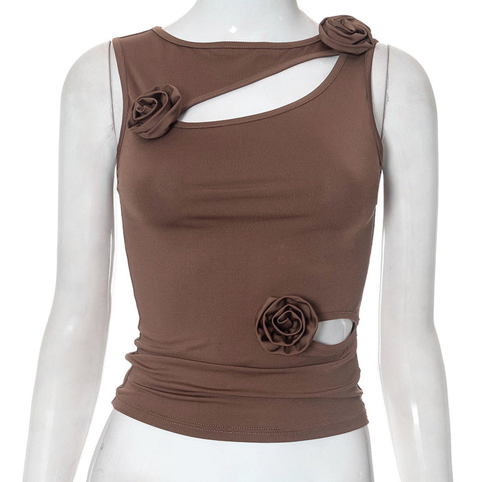 Color-Brown-Sweet Sexy Floral Niche Design Hollow Out Cutout Camisole Slim Fit Slimming Short Women-Fancey Boutique