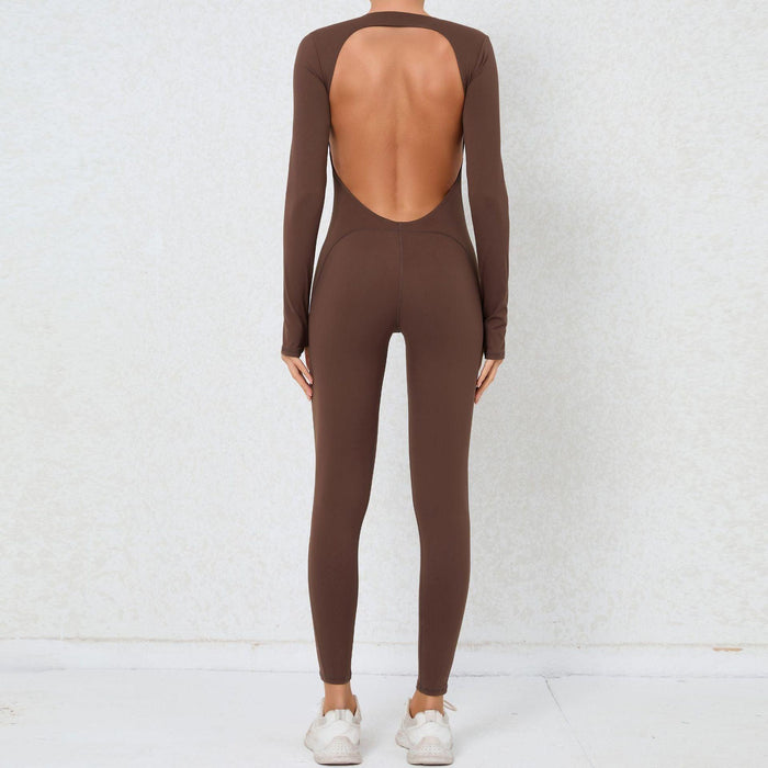 Color-Coffee-Finger Suit Sexy Backless Nude Feel Long Sleeve Yoga Jumpsuit High Strength Fitness Sports One Piece Tights-Fancey Boutique