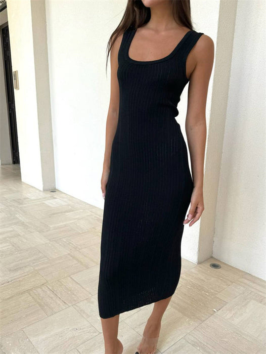 Sunken Stripe Tight Square Collar Dress Sleeveless Tight Fitting Solid Color Summer Sexy Mid Length Knitted Dress-Black-Fancey Boutique