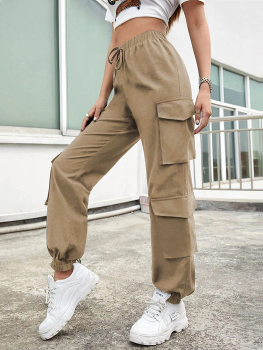 Color-Khaki-High Street Hip Hop Women Pants Trendy Trousers Multi Pocket Street Overalls Loose Straight Leg Ankle Banded Pants-Fancey Boutique