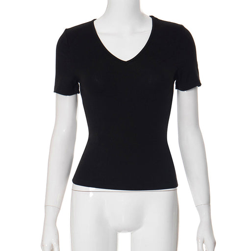 Color-Black-Women Clothing Solid Color V neck Slim Short Sleeved Tops Cropped T shirt-Fancey Boutique