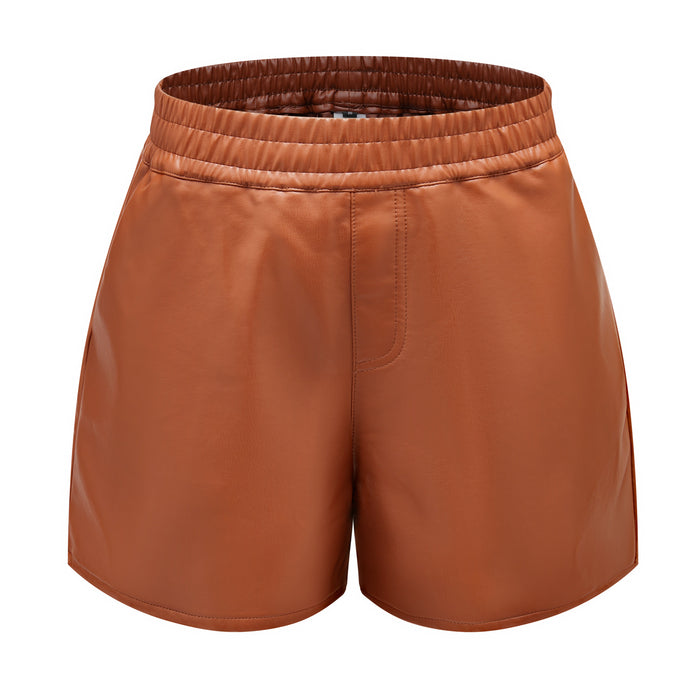 Color-camel-Women Simple Faux Leather Shorts Casual Loose Shorts Bottoms-Fancey Boutique
