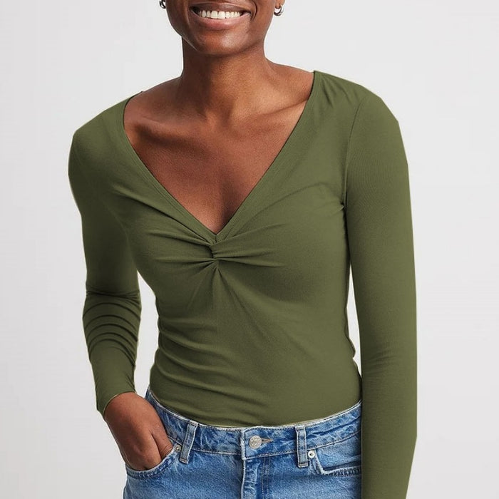 Color-Army Green-Lady Temperamental V Neck Top Chic Slim Pullover Sexy Long Sleeve T Shirt Women-Fancey Boutique