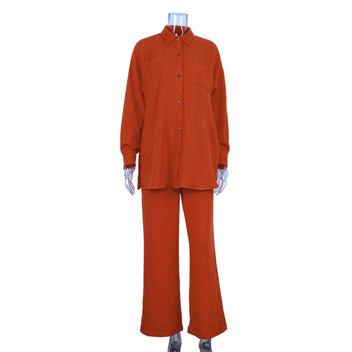 Fashion Loose-Fitting Long Sleeves Shirt Wide Leg Pants Two-Piece Set Commuting Elegant Pink Suit-Orange-Fancey Boutique