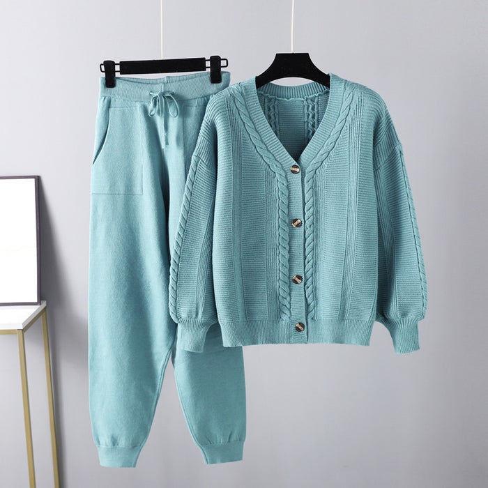 Color-Lake Green-Women Clothing Autumn Winter Knitting Two Piece Twist Cardigan Solid Color Suit Sweater Women-Fancey Boutique