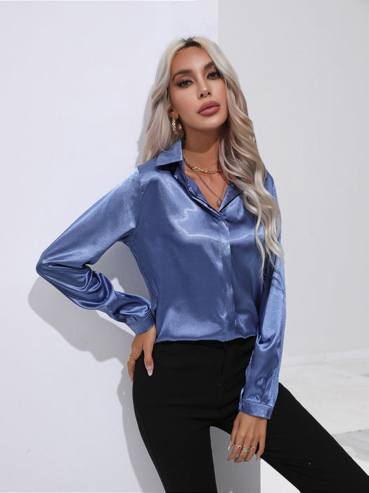 Color-One Button Satin Shirt Women Shirt Long Sleeve Shirt Spring Summer Women Clothing-Fancey Boutique