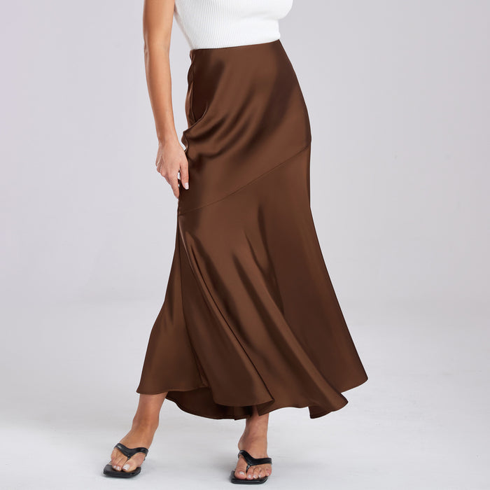 Women Acetate Satin Skirt High Waist Elastic Patchwork Maxi Dress Slim Slimming Sheath Dress-Fancey Boutique