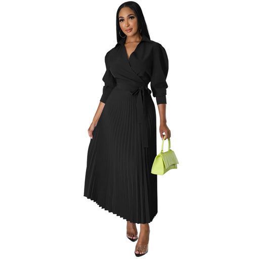 Color-Black-Spring Summer Long Sleeves Polo Collar High Waist Casual Pleated Women Clothing Dress-Fancey Boutique