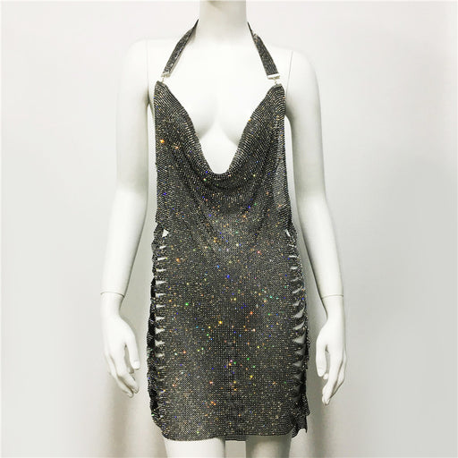 Women Clothing Popular Metal Rhinestone Dress Sexy Party Nightclub Halter Dress Women-Black-1-Fancey Boutique