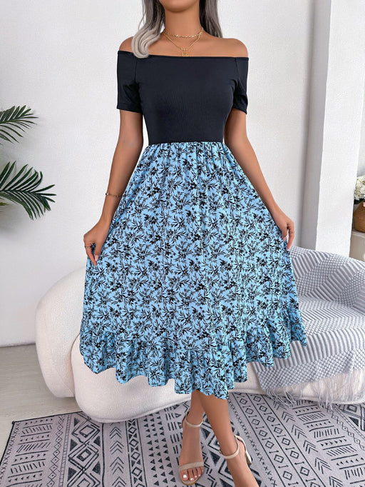 Color-Blue-Spring Summer Casual off the Shoulder Floral Ruffled Mid Length Dress Women Clothing-Fancey Boutique