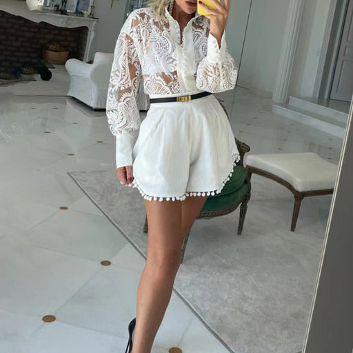 Color-White-French Office Retro Fall Lapels Long Sleeve Hollow Out Cutout out See through Shirt Mid Waist Belt Shorts Two Piece Set-Fancey Boutique