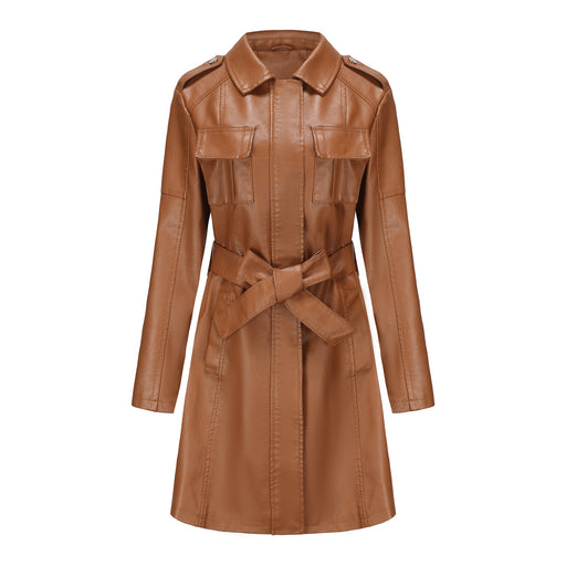 Color-Camel-Mid Length Leather Coat With Belt Spring Autumn Long Sleeve Leather Wind Coat British Coat Women-Fancey Boutique
