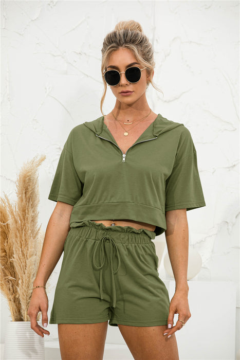 Color-Army Green-Summer New Women Clothing Solid Color Hooded Zipper Shorts Casual Suit-Fancey Boutique
