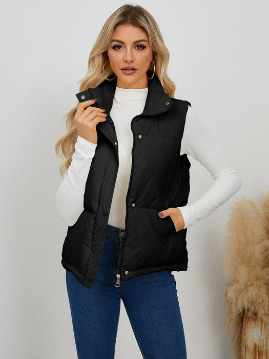 Women Clothing Autumn Winter Short Quilted Stand Collar Vest Coat Thick Waistcoat Vest Cotton-Black-Fancey Boutique