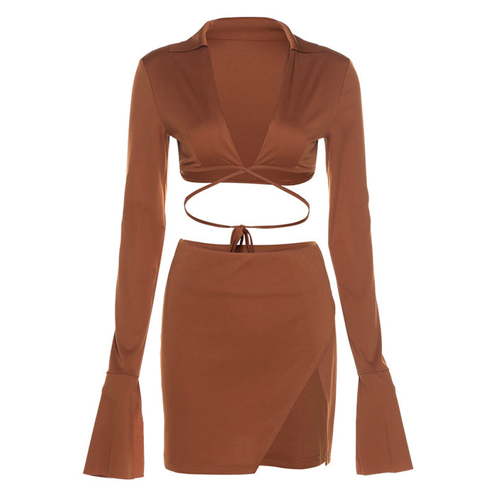 Color-Brown-Autumn Winter Women Clothing Long Sleeve Tied Cardigan Sexy Slit Sheath Skirt Casual Suit-Fancey Boutique