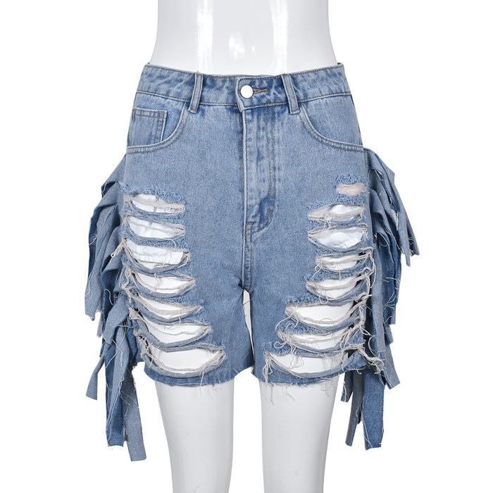 Color-Short Blue-Women Clothing High Waist Ripped Washed Personalized Hole Tassel Shorts-Fancey Boutique